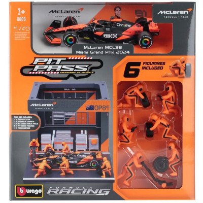 BURAGO McLAREN F1  MCL38 DIORAMA GARAGE PIT-STOP TEAM MCLAREN N 81 SEASON 2024 OSCAR PIASTRI WITH CREW FIGURE AND ACCESSORIES -