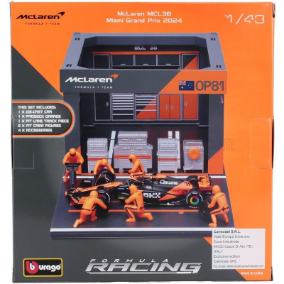 BURAGO McLAREN F1  MCL38 DIORAMA GARAGE PIT-STOP TEAM MCLAREN N 81 SEASON 2024 OSCAR PIASTRI WITH CREW FIGURE AND ACCESSORIES -