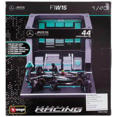 BURAGO MERCEDES GP F1  W15 EQ PERFORMANCE DIORAMA GARAGE PIT-STOP TEAM AMG PETRONAS MOTORSPORT N 44 SEASON 2024 LEWIS HAMILTON W