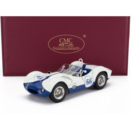 CMC MASERATI TIPO 61 2.9L S4 SPIDER BIRDCAGE N 66 WINNER CASTLE ROCK COLORADO SCCA 1960 JIM HALL - WHITE BLUE 1/18