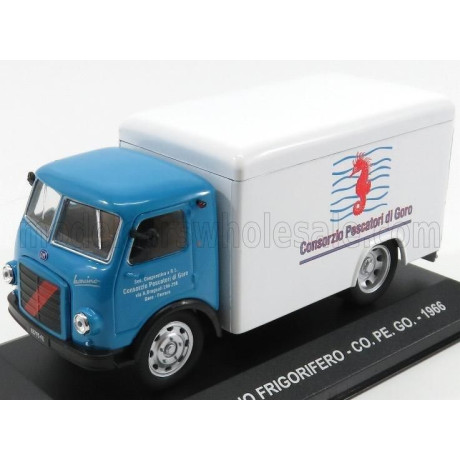 EDICOLA OM FIAT LEONCINO TRUCK FRIGORIFERO CONSORZIO PESCATORI DI GORO 1966 - LIGHT BLUE WHITE 1/43
