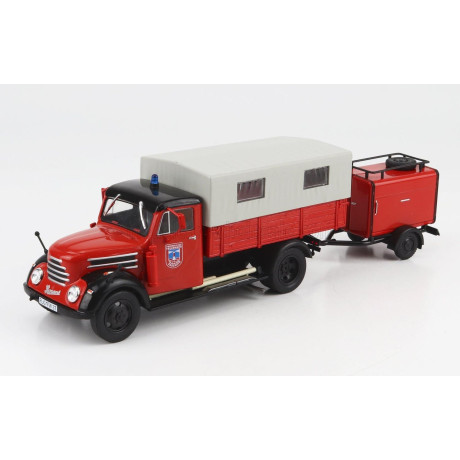 EDICOLA ROBUR GARANT 30 K TRUCK TELONATO FEUERWEHR WITH TANKER TRAILER EST GERMANY 1956 - RED GREY 1/43