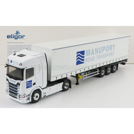 ELIGOR SCANIA S500 V8 TRUCK TELONATO MANUPORT TRANSPORTS 2018 - WHITE BLUE 1/43