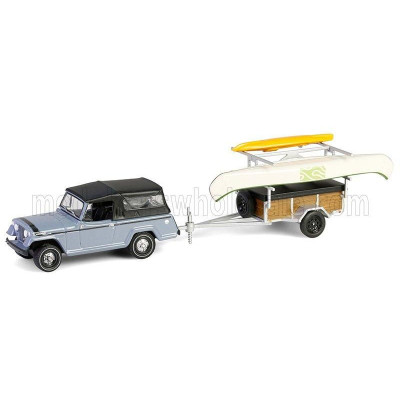 GREENLIGHT JEEP JEEPSTER COMMANDO SC-1 WITH CANOE + KAYAK TRAILER 1968 - GREY 1/64