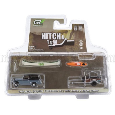 GREENLIGHT JEEP JEEPSTER COMMANDO SC-1 WITH CANOE + KAYAK TRAILER 1968 - GREY 1/64