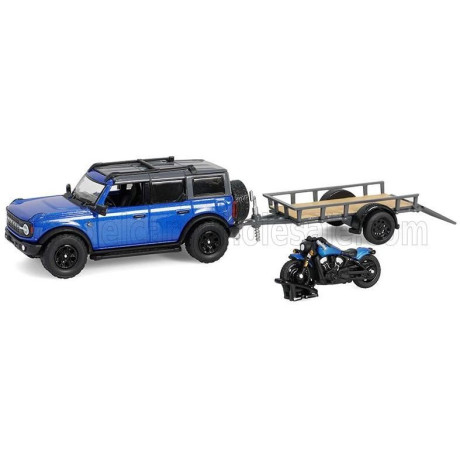 GREENLIGHT FORD USA BRONCO BLACK DIAMOND WITH TRAILER + MOTORCYCLE 2021 - BLUE BLACK 1/64