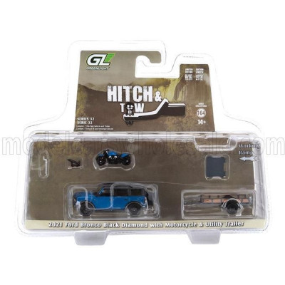 GREENLIGHT FORD USA BRONCO BLACK DIAMOND WITH TRAILER + MOTORCYCLE 2021 - BLUE BLACK 1/64