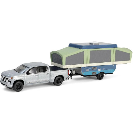 GREENLIGHT CHEVROLET SILVERADO PICK-UP WITH TRAILER + POP-UP CAMPER 2024 - VERY LIGHT GREEN MET 1/64