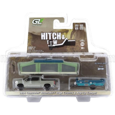 GREENLIGHT CHEVROLET SILVERADO PICK-UP WITH TRAILER + POP-UP CAMPER 2024 - VERY LIGHT GREEN MET 1/64