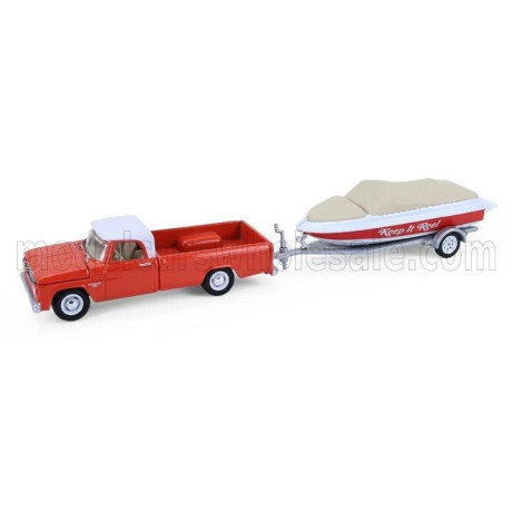 GREENLIGHT DODGE D-100 PICK-UP WITH BOAT AND TRAILER 1967 - ORANGE WHITE 1/64