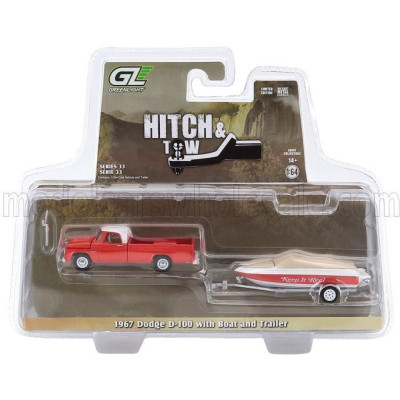 GREENLIGHT DODGE D-100 PICK-UP WITH BOAT AND TRAILER 1967 - ORANGE WHITE 1/64