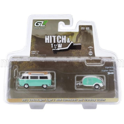 GREENLIGHT VOLKSWAGEN T1 TYPE 2 MINIBUS WITH SURFBOARDS + TEARDROP TRAILER 1971 - LIGHT GREEN WHITE 1/64