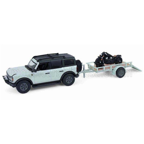 GREENLIGHT FORD USA BRONCO BLACK DIAMOND WITH TRAILER + MOTORCYCLE 2021 - LIGHT GREEN BLACK 1/64