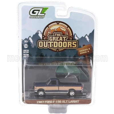 GREENLIGHT FORD USA F-150 LT PICK-UP CAMPING CAMPER 1987 - BLUE BEIGE 1/64