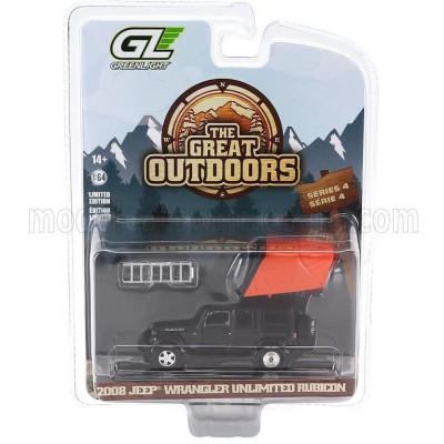 GREENLIGHT JEEP WRANGLER UNLIMITED RUBICON CAMPING CAMPER 2008 - BLACK 1/64