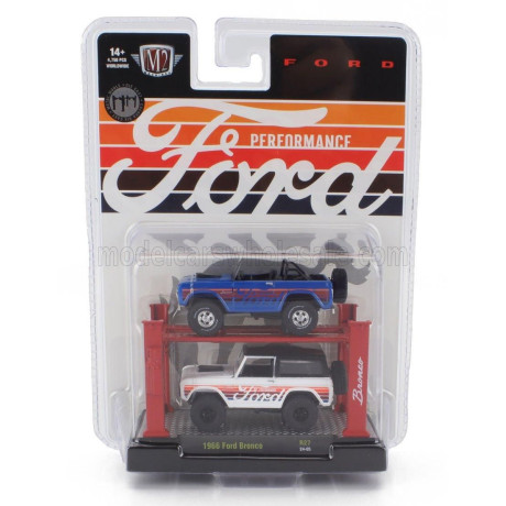 M2 MACHINES FORD USA 2x BRONCO 1966 - GARAGE SET OFFICINA - PONTE SOLLEVATORE AUTO - FOUR POST LIFT - WHITE BLUE 1/64