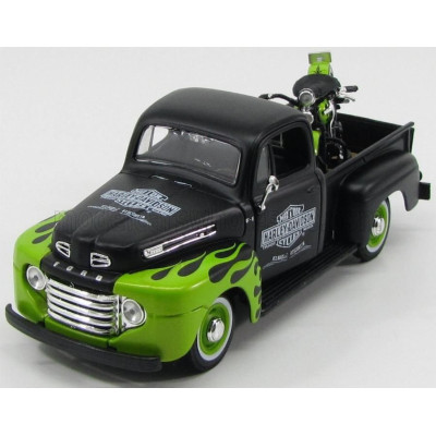 MAISTO FORD USA F-1 PICK-UP CUSTOM HARLEY-DAVIDSON 1948 + MOTORCYCLE HARLEY DAVIDSON FL PANHEAD 1948 - MATT BLACK LIGHT GREEN 1/