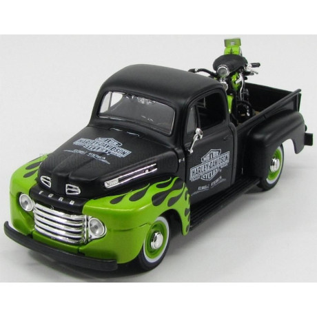 MAISTO FORD USA F-1 PICK-UP CUSTOM HARLEY-DAVIDSON 1948 + MOTORCYCLE HARLEY DAVIDSON FL PANHEAD 1948 - MATT BLACK LIGHT GREEN 1/