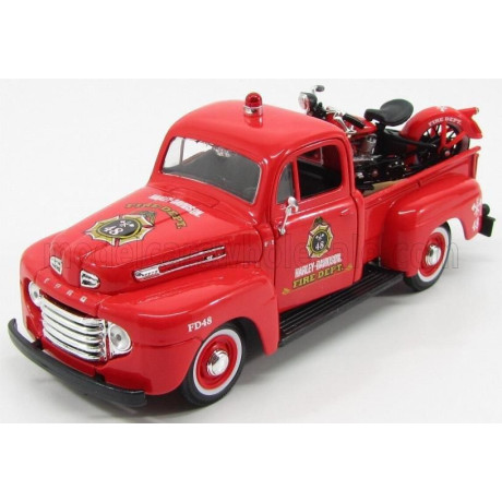 MAISTO FORD USA F-1 PICK-UP CUSTOM HARLEY-DAVIDSON 1948 + MOTORCYCLE HARLEY DAVIDSON EL KNUCKLEHEAD 1936 FIRE DEPARTMEN - RED 1/