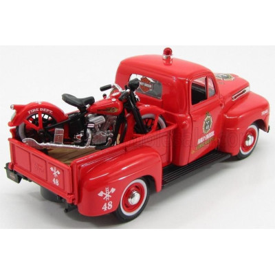 MAISTO FORD USA F-1 PICK-UP CUSTOM HARLEY-DAVIDSON 1948 + MOTORCYCLE HARLEY DAVIDSON EL KNUCKLEHEAD 1936 FIRE DEPARTMEN - RED 1/
