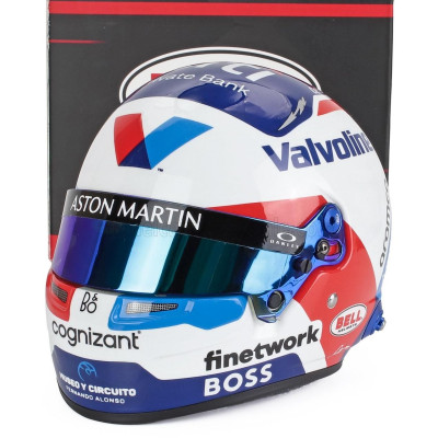MINI HELMET BELL HELMET CASCO HELMET F1 FERNANDO ALONSO TEAM ASTON MARTIN ARAMCO COGNIZANT N 14 MONACO GP 2024 - WHITE BLUE RED