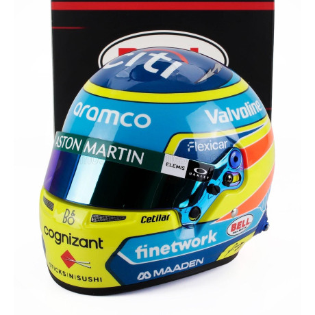 MINI HELMET BELL HELMET CASCO HELMET F1 FERNANDO ALONSO TEAM ASTON MARTIN ARAMCO N 14 SEASON 2025 - YELLOW BLUE 1/2