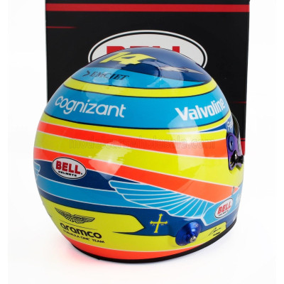 MINI HELMET BELL HELMET CASCO HELMET F1 FERNANDO ALONSO TEAM ASTON MARTIN ARAMCO N 14 SEASON 2025 - YELLOW BLUE 1/2