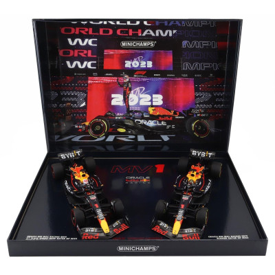 MINICHAMPS RED BULL SET 2X F1  RB19 TEAM ORACLE RED BULL RACING N 1 WORLD CHAMPION 2nd SPRINT RACE + WINNER QATAR GP 2023 MAX VE