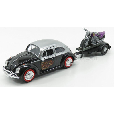 MOTOR MAX VOLKSWAGEN BEETLE MAGGIOLINO + TRAILER WITH MOTORCYCLE 1959 - BLACK SILVER 1/24