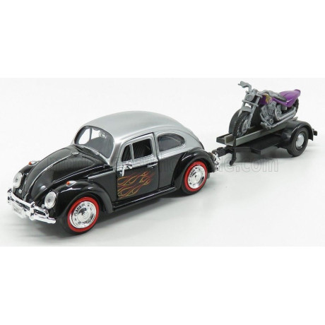 MOTOR MAX VOLKSWAGEN BEETLE MAGGIOLINO + TRAILER WITH MOTORCYCLE 1959 - BLACK SILVER 1/24