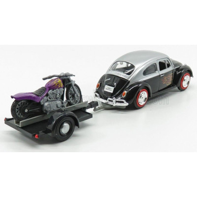 MOTOR MAX VOLKSWAGEN BEETLE MAGGIOLINO + TRAILER WITH MOTORCYCLE 1959 - BLACK SILVER 1/24