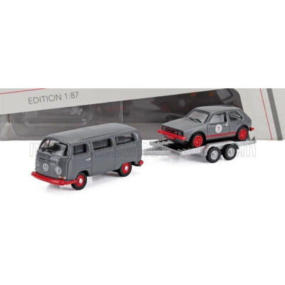 SCHUCO VOLKSWAGEN T2 MINIBUS 1962 WITH TRAILER + GOLF GTi MKI N 1 RACING 1976 - GREY RED 1/87