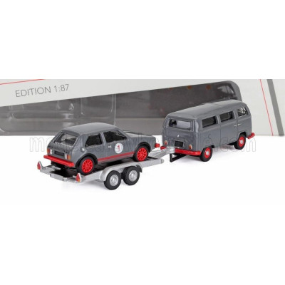 SCHUCO VOLKSWAGEN T2 MINIBUS 1962 WITH TRAILER + GOLF GTi MKI N 1 RACING 1976 - GREY RED 1/87