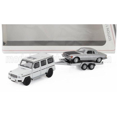 SCHUCO MERCEDES BENZ G-CLASS (W463) 2018 WITH TRAILER + SL-CLASS 450SLC 5.0 COUPE (C107) 1980 - WHITE SILVER BLACK 1/87