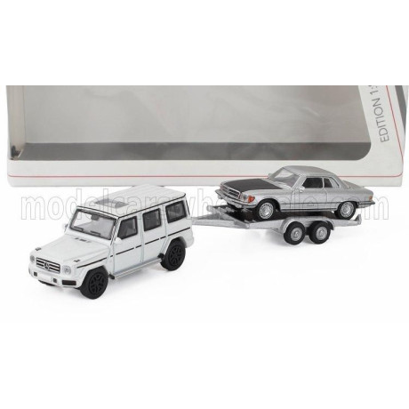 SCHUCO MERCEDES BENZ G-CLASS (W463) 2018 WITH TRAILER + SL-CLASS 450SLC 5.0 COUPE (C107) 1980 - WHITE SILVER BLACK 1/87