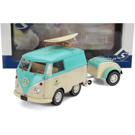 SOLIDO VOLKSWAGEN T1 VAN KOOL COMBI WITH TRAILER 1950 - LIGHT BLUE WHITE 1/18