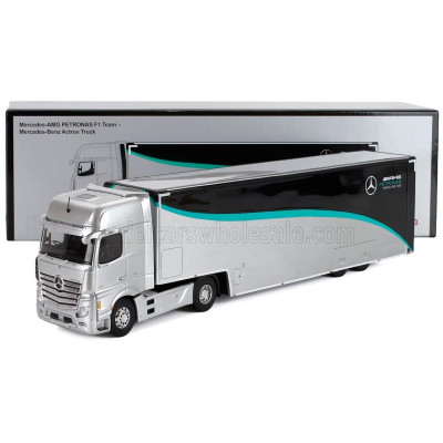SPARK MODEL MERCEDES BENZ ACTROS MP4 1851 TRUCK CAR TRANSPORTER TEAM MERCEDES-AMG PETRONAS F1 FORMULA ONE SEASON 2023 - SILVER B
