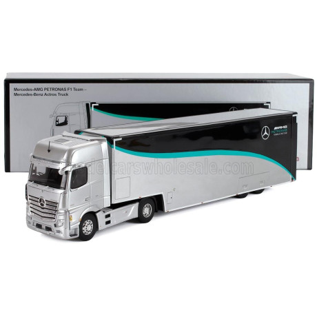 SPARK MODEL MERCEDES BENZ ACTROS MP4 1851 TRUCK CAR TRANSPORTER TEAM MERCEDES-AMG PETRONAS F1 FORMULA ONE SEASON 2023 - SILVER B