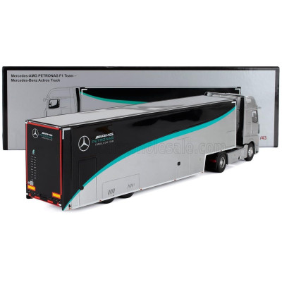 SPARK MODEL MERCEDES BENZ ACTROS MP4 1851 TRUCK CAR TRANSPORTER TEAM MERCEDES-AMG PETRONAS F1 FORMULA ONE SEASON 2023 - SILVER B