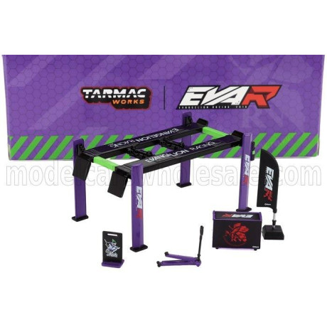 TARMAC ACCESSORIES EVA RACING GARAGE SET OFFICINA - PONTE SOLLEVATORE AUTO - FOUR POST LIFT - PURPLE BLACK GREEN 1/64