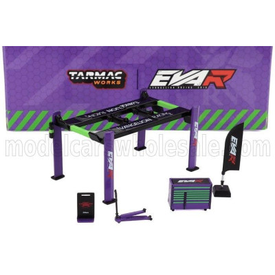 TARMAC ACCESSORIES EVA RACING GARAGE SET OFFICINA - PONTE SOLLEVATORE AUTO - FOUR POST LIFT - PURPLE BLACK GREEN 1/64