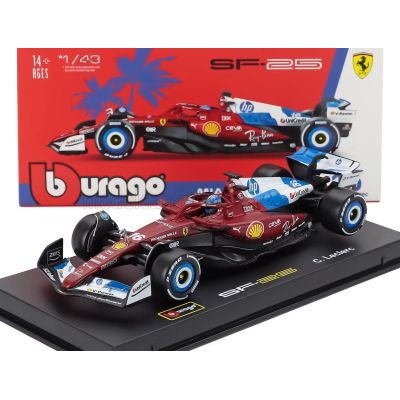 BURAGO FERRARI WITH PILOT AND SHOWCASE - F1  SF-25 TEAM SCUDERIA FERRARI HP N 16 MIAMI GP 2025 CHARLES LECLERC - RED WHITE BLUE