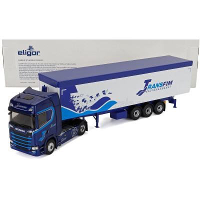 ELIGOR SCANIA S500 TRUCK CASSONATO TRANSFIM TRANSPORTS 2024 - BLUE WHITE 1/43