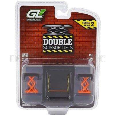 GREENLIGHT ACCESSORIES GARAGE SET OFFICINA - PONTE SOLLEVATORE AUTO - AUTOMOTIVE DOUBLE SCISSOR LIFT - ORANGE BLACK 1/64