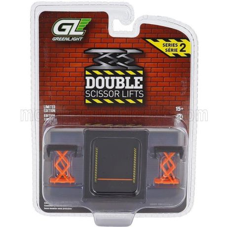 GREENLIGHT ACCESSORIES GARAGE SET OFFICINA - PONTE SOLLEVATORE AUTO - AUTOMOTIVE DOUBLE SCISSOR LIFT - ORANGE BLACK 1/64