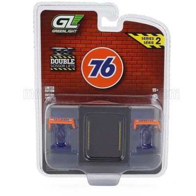 GREENLIGHT ACCESSORIES UNION 76 GARAGE SET OFFICINA - PONTE SOLLEVATORE AUTO - AUTOMOTIVE DOUBLE SCISSOR LIFT - BLUE ORANGE 1/64