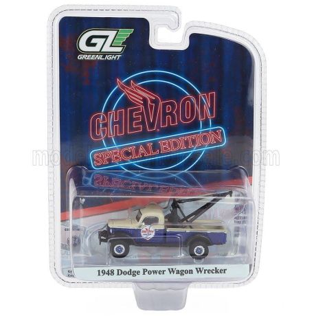 GREENLIGHT DODGE TRUCK POWER WAGON CHEVRON GASOLINE 1948 - CARRO ATTREZZI - WRECKER ROAD SERVICE - BLUE BEIGE 1/64