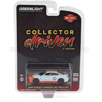 GREENLIGHT DODGE CHARGER SRT HELLCAT GULF COUPE 2018 - LIGHT BLUE ORANGE 1/64
