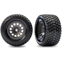 Komplett hátsó kerekek Traxxas Mini XRT RC autóhoz. Szénszürke tárcsa Gravix gumikkal, habszivacs betéttel. Tárcsa átmérője 2,1" (külső) / 2,6" (belső).
