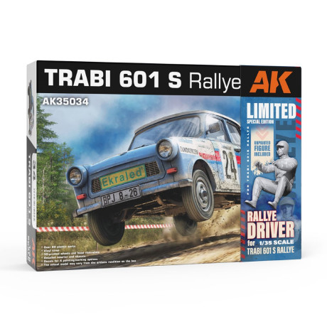 Trabi 601 Rallye v mierke 1:35 s figúrkou pretekára (limitovaná špeciálna edícia)
